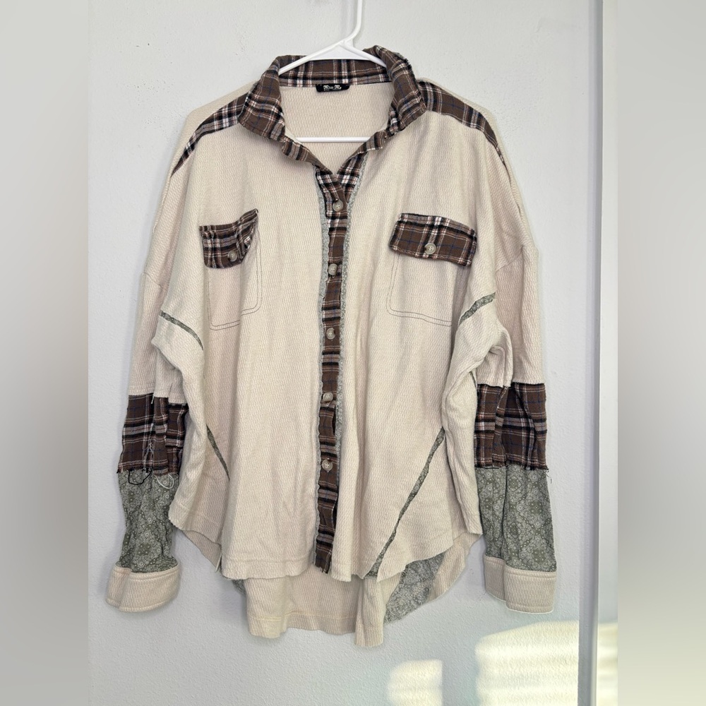 MISS ME PLAID MUSLIN BUTTON FRONT BOHEMIAN COLLARED TOP BLOUSE SZ MEDIUM